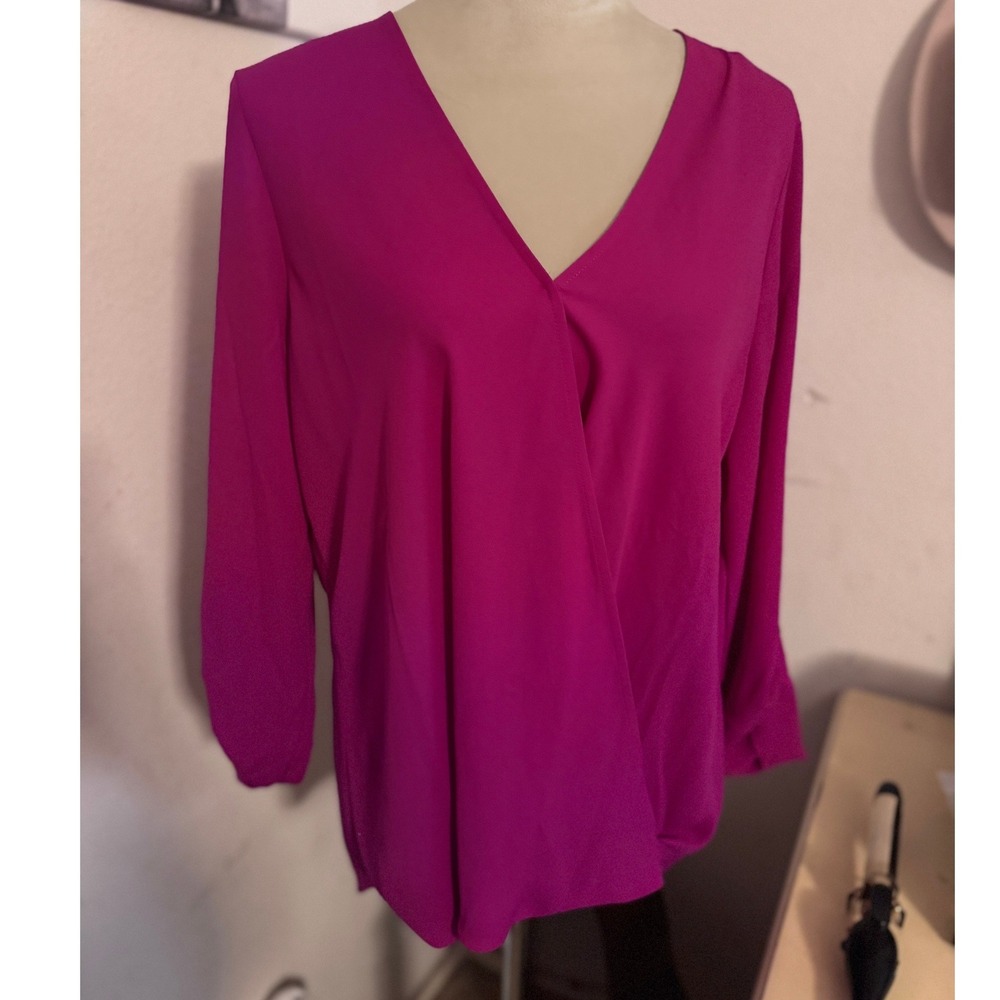Pleione Magenta Pink Surplice Wrap Blouse Roll Tab Sleeve XL NWT